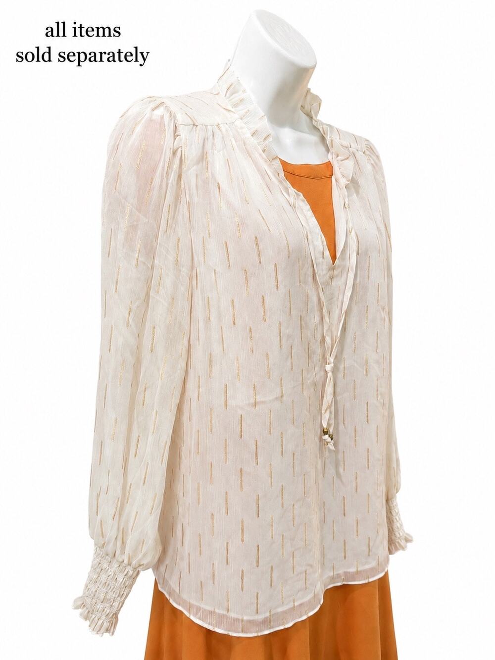 Cream Sheer Gold Metallic Stripe flowing Blouse Balloon Sleeve Romantic Boho Top